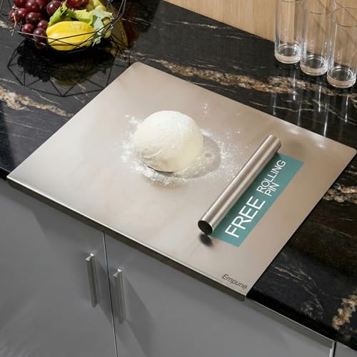 Image of Stainless Steel Chopping Board for Kitchen | Free Rollin Pin | Heavy Duty Chopping-Board | for Cutting Vegetable, Meat, Fruits | Durable | Non Slip | Rust Proof | Round Edge | Medium | 42 x 32 cm