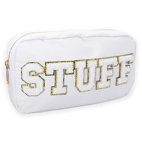 Fablinks Preppy Stuff Bag, Chenille Varsity Letter Makeup Pouch, Nylon Skin Care Zipper Patch Bags Organizer for Women, Travel Make Up Skincare Cosmetic Stocking Stuffers, White, Stuff-white