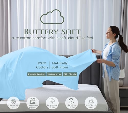 Image of Royale Linens 100% Organic Cotton Full Size Flat Sheet Only - Percale Top Sheets - Full Flat Sheet Sold Separately - Lightweight & Soft 100% Cotton Lake Blue Bed Sheets Only (81 inch x 96 inch, Lake Blue)