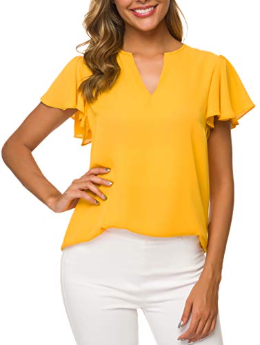Women's Casual Ruffled V Neck Chiffon Blouse Short Sleeve Office Work Elegant Shirt Vintage Basic Tops3