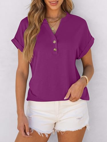 Image of ANRABESS Womens Short Sleeve Henley Tops V Neck Dressy Casual Blouses Summer Trendy Tee Shirts 2026 Vacation Fashion Clothes