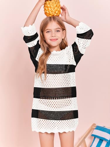 Image of Batermoon Girls Crochet Long Sleeve Swimsuit Cover Up Kids Fashion Hollow Out Swimwear Beach Dress 5-14 Years