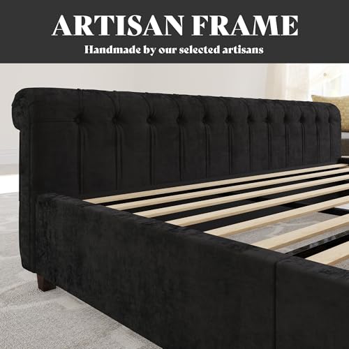 Image of AMERLIFE California King Size Platform Bed Frame, Velvet Upholstered Sleigh Bed with Scroll Wingback Headboard & Footboard /Button Tufted /No Box Spring Required /Black