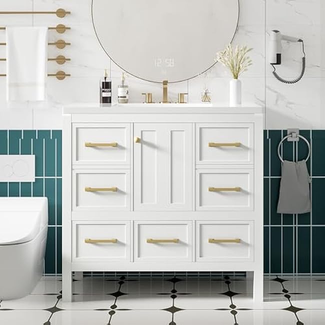 Bathroom Vanity Set, 36 Bathroom Vanity with Resin Sink Combo, Solid Wood Frame Bathroom Storage Cabinet with 5 Drawers & Soft Closing Doors, MDF Boards, Gold Metal Knobs