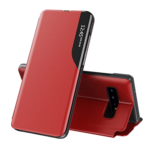 COTDINFOR Case for Samsung Galaxy S10 Plus, Galaxy S10 Plus Case Clear View Leather with Kickstand Magnetic Flip Case Women Men Shockproof Protective Cover for Samsung Galaxy S10 Plus,Windows Red