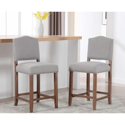 CIMOTA Counter Height Bar Stools Set of 2 Rattan Farmhouse Barstools Mid Century Modern Bar Chairs Upholstered Kitchen Stools with Wood Legs for Island/Dining Room, Linen Beige 26.5In
