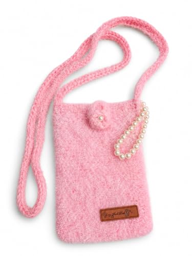 Image of Handmade Crochet Mobile Pouch for Women & Girls | Knitted Phone Holder with Wrist Strap | Cute Floral Aesthetic Mobile Cover Case | Soft Yarn Handmade Gift (Furrpink)