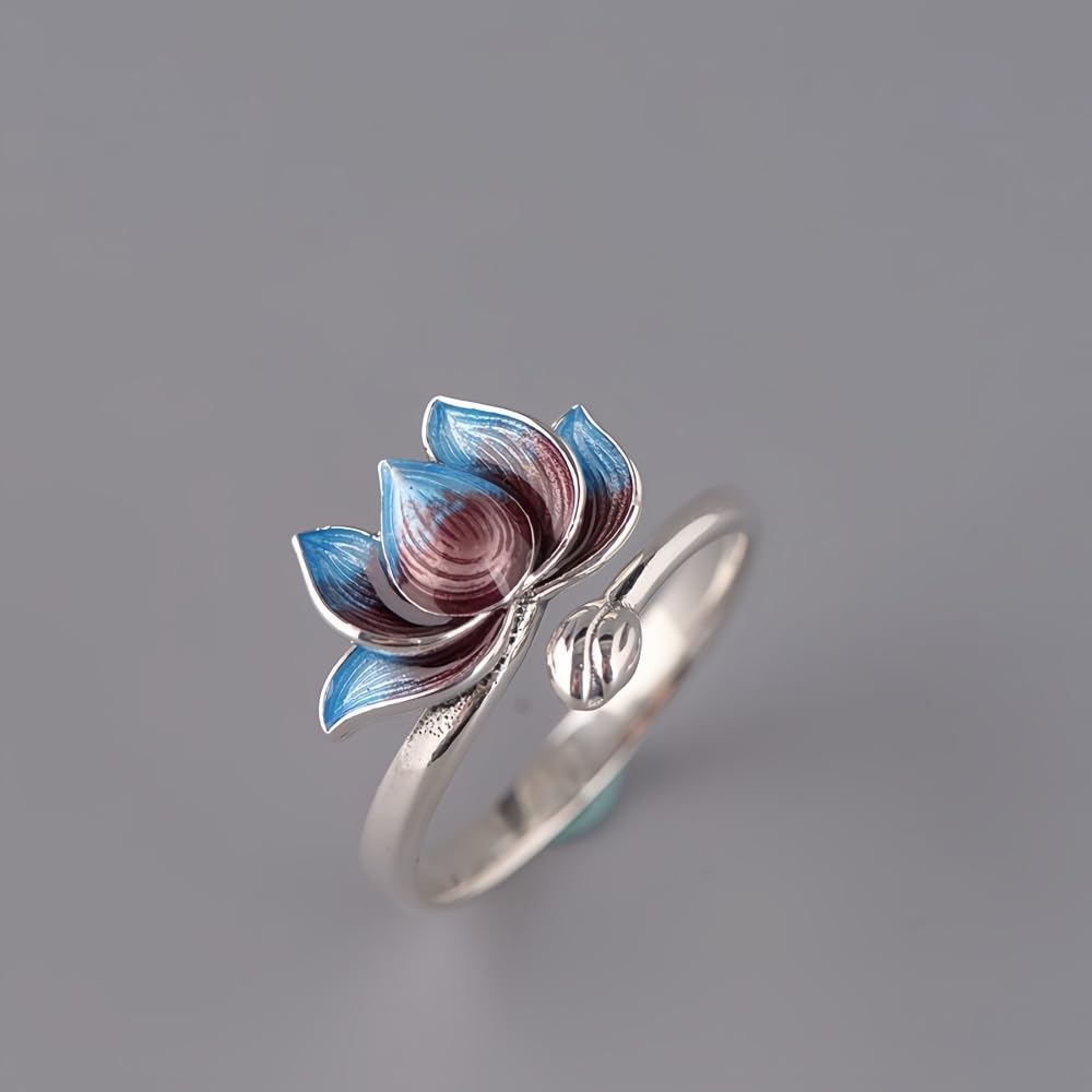 Bague fleur de lotus émail en argent sterling 925 pour femmes filles ouverte réglable