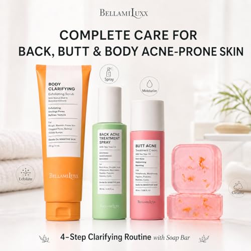 Image of BellamiLuxx 4-Step Body Acne Clarifying Routine, with Soap Bar, Body Scrub, Back Acne Spray & Butt Acne Lotion for Breakouts, Bumps and Rough Texture, Men & Women