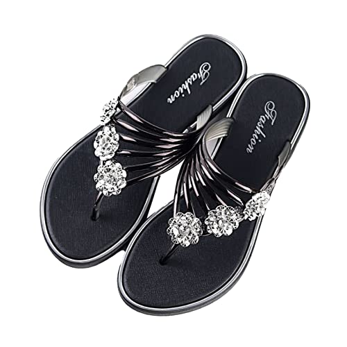 Flat Sandals,1 Pair Flat Sandals Open Toe Wear Resistant Non Slip Flat Heel Glossy Faux Crystal Daily Wear Summer Fashion Peep Toe Beach Sandals Travel Supplies Plata 39