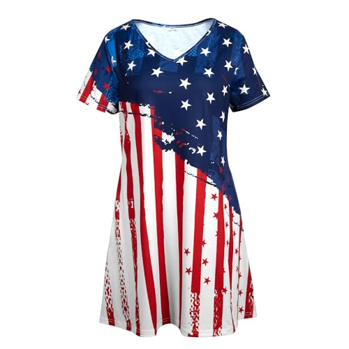 Image of LUKYCILD American Flag Dress Women 4th of July Patriotic Shirt USA Stars Stripes Dresses Sexy V- Neck Summer Sundress