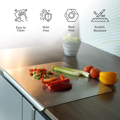 Image of Stainless Steel Chopping Board with Lip for Kitchen| Non Slip Rust Proof Counter top| Easy to use| Round Edge| for Cutting Vegetables, Meat,Fish,Fruits | Medium | 35 x 30 cm