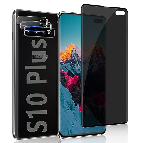 OuYteu [1+2 Pack] Galaxy S10 Plus Privacy Screen Protector and Camera Lens Protector, 3D Full Coverage Tempered Glass, 9H Hardness, Anti-Spy, for Samsung Galaxy S10 Plus 6.4 Inch
