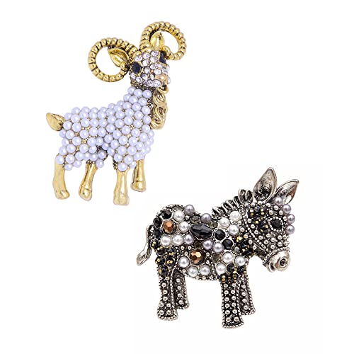 Acxico 2Pcs Fashion Alloy Pearl Goat Brooch and Fun Donkey Brooches Animal Pin Funny Cute Cartton Style Kid Gift, White , Black