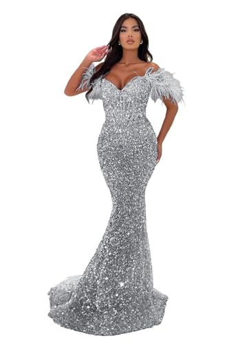 Image of Sequin Feathers Mermaid Prom Dresses 2026 Off Shoulder Sparkly Long Formal Evening Party Gowns with Train