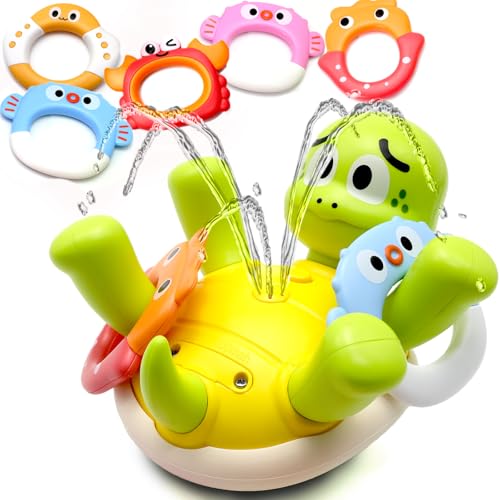 Image of Swimming Turtles Bath Toy, Cute Baby Bath Toys with One-Touch Water Spray Button, Rechargeable Pool Bath Toys for Kids Ages 1-3, Toddler Bathtub Toys with 5 Rings, Water Toys for Toddlers 1-3 Gift