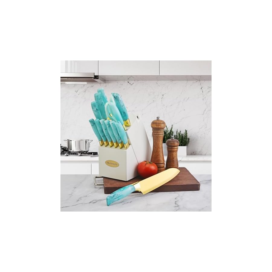 Knife-Set-Non-Stick-Thick-and-Sharp-Stainless-Steel-Kitchen-Knives-Set-with-Wood-Block-14-Pcs-Cutlery-Knives-Block-Set-with-Steak-Knife-Bread-Knife-Scissors-Chef-Quality-Green-Handle-Gold-Blade Knife Set, Non Stick Thick and Sharp Stainless Steel Kitchen Knives Set with Wood Block, 14 Pcs Cutlery Knives Block Set with Steak Knife, Bread Knife, Scissors, Chef Quality, Green Handle Gold Blade
