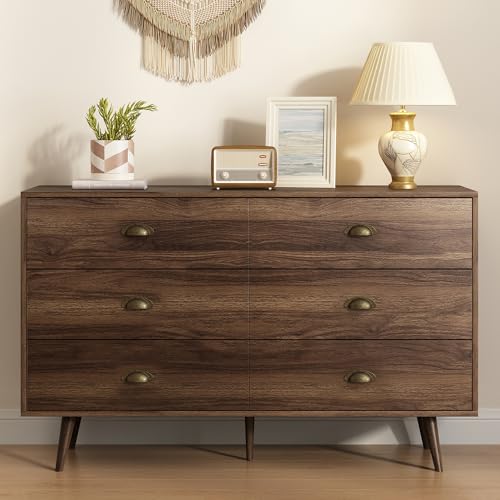 Image of LYNSOM Walnut Dresser for Bedroom, 6 Drawer Dresser with Half Moon Cup Metal Knob, Vintage Dressers & Chests of Drawers Living Room, Hallway, Entryway