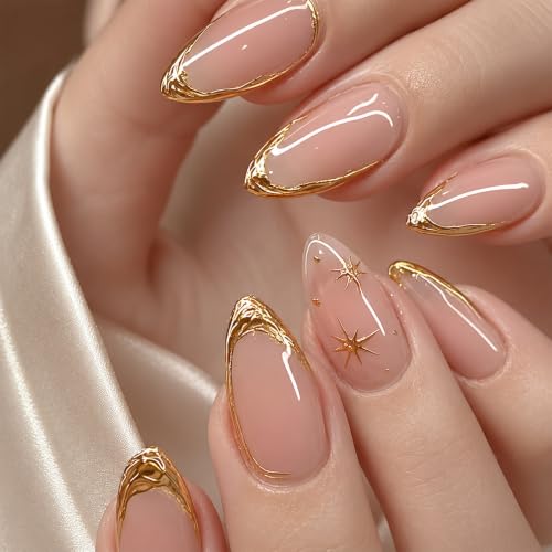 Yahusuhil Ongles à coller, 24 pièces Press on Nails & Faux Ongles, Or French Amande avec motif étoile