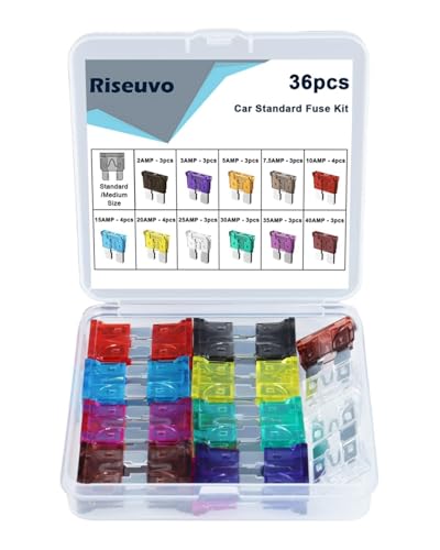 Riseuvo 36 Pcs Car Fuses Kit - Blade Replacement Assortment Fuses for Car, RV, Camper, Boat, Truck, Motorcycle (2A 3A 5A 7.5A 10A 15A 20A 25A 30A 35A 40A) - Standard ATC Fuse