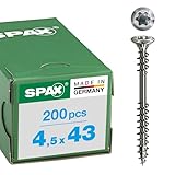 SPAX Fassadenschraube, 4,5 x 43 mm, 200 Stück, Fixiergewinde, Linsensenkkopf, T-STAR plus T20, 4CUT, Edelstahl rostfrei A2-25470004504322