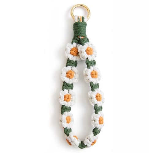 Makramee Schlüsselanhänger mit Gänseblümchen, Boho Schlüsselband, Grün