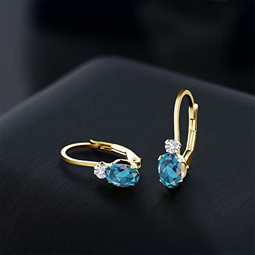 Gem Stone King 14K Yellow Gold London Blue Topaz and White Diamond Leverback Earrings For Women | 1.07 Cttw | Gemstone November Birthstone | Oval 6X4MM, Round 2MM | 3/4 Inch3
