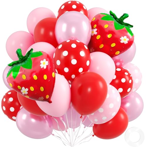 52pcs Strawberry Balloons 12inch with Pearl Pink and Red Balloons for Strawberry Baby Shower 1st Birthday Decorations