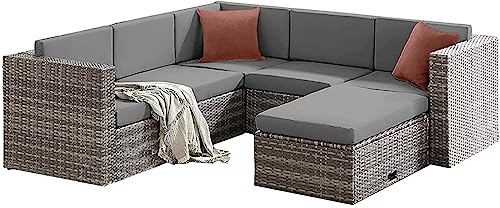 EVRE Monaco Rattan Garden Furniture Set 6 Piece Seat 5 Sofa 1 Ottoman Footstool Outdoor Wicker Weave Lounge Sofa and Convertible Glass Top Table with Cushions