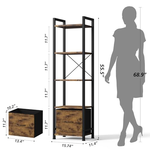 Across-Star Narrow-Bookshelf-With-Storage-Drawer, 5-Tier Small Standing Book Shelf Organizer For Small Space, Tall Thin Bookcase Shelf For Bedroom Living Room Office, Wooden Shelving Unit Rack For Display thumb #2