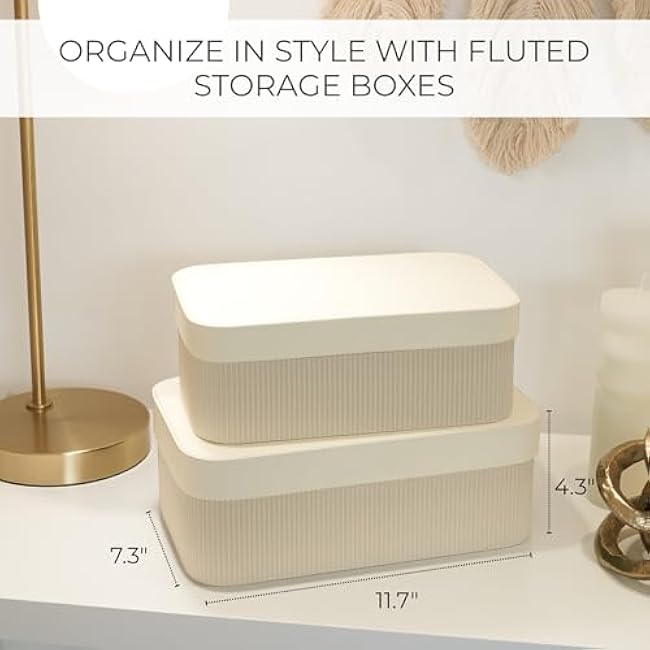 Decorative Storage Boxes with Lids ¨C Set of 2 Beautiful Fluted Cardboard Organizer Bins for Your Home Bookshelf Decor to Safely Store Your Documents, Memory Box Items and Other Keepsakes in Style