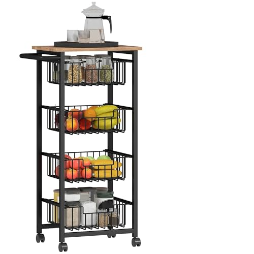 HOMCOM Carrito de Cocina, Carrito Verdulero para Cocina con Ruedas, 4 Cestas Deslizables y Marco de Acero, Carrito Auxiliar para Comedor, 49,5x31x91 cm, Roble