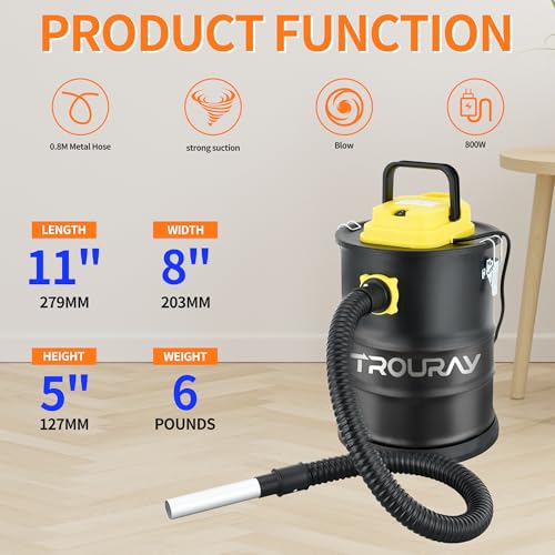 Image of Fireplace Ash Vacuum Cleaner, 2.6 Gallon Heat Resistant Lightweight Canister Vacuum Cleaner with 800W Powerful Suction Blowout for Fireplaces, Pellet Roasters, Woodstoves Pellet Ash Vacuums