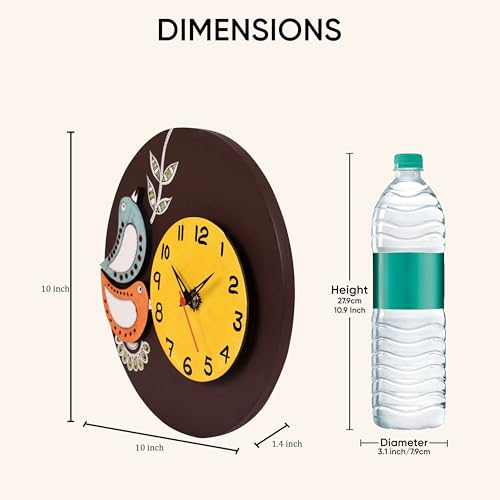 Image of AAKRITI ART CREATIONS Wall Clock Handcrafted Wooden Tribal Art with Birds Motif Brown | Wall Clock for Home, Home Decoration | Floral Art Wall Hanging, Lightweight Wooden wall Decor, Matte Finish