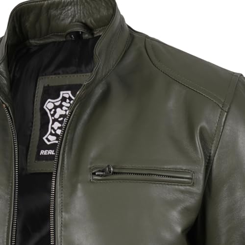 Image of fjackets Mens Leather Jacket - Real Lambskin Cafe Racer Jacket Stand Collar Moto Biker Zip Jacket For Men