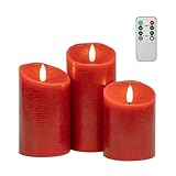 ANGELLOONG Red Flameless Candles with Remote, Real Wax Flickering Battery Operated Candles with Timer, Electric LED Fake Candles for Valentines Holiday Christmas Party Home Decor, Set of 3
