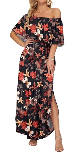 Image of AUSELILY Womens Off Shoulder Ruffle Split Summer Maxi Dresses with Pockets | Off-shoulder Ruffle dress with empire waist & side split for summer beach and casual parties