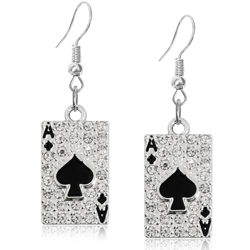 KVANU Unique Funny Hypoallergenic Alloy Sparkly Crystal Poker hearts and spades A Ace Playing Cards Dangle Drop Stud Earrings For Women Gambling Casino Jewelry Gift (Style-3-Silvery) by KVANU - Used condition - US$8.10