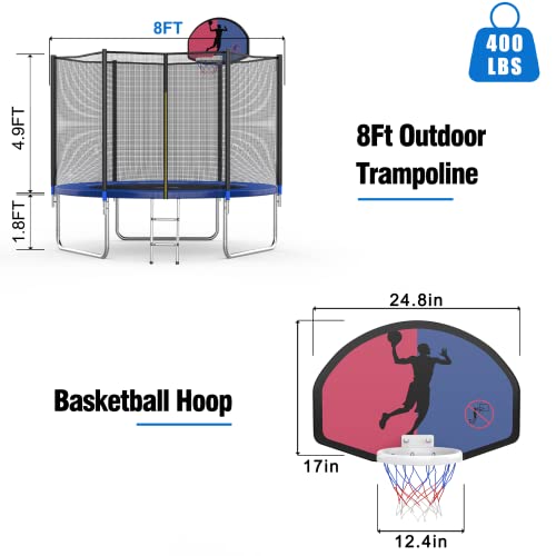 AOTOB Trampoline 8FT Recreational Trampolines with Basketball Hoop, Outdoor Trampoline with Safety Enclosure Net&Ladder for Kids and Adults,ASTM Approved, with Jumping Mat Blue - Thumbnail 7