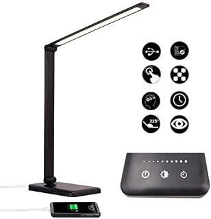 Multifunctional LED Desk Lamp, Dimmable Foldable Touch Table Lamp Rechargeable with USB Charge Port, Eye-Caring Office Lamp 5 Lighting Modes & 5 Brightness Levels, Auto Timer Sensitive Control, Black