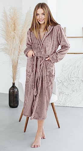 Ny Threads Womens Fleece Bath Robe - Shawl Collar Soft Plush Spa Robe, Taupe, Small #TOP3