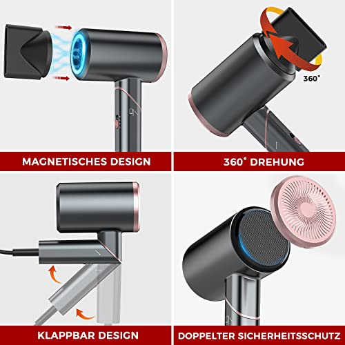 Foto von Eocooy Haartrockner Ionen Föhn mit Diffusor, 1800W Haarfön Reisefön Klappbar Haartrockner & 2 Zubehör, Fön Ionen Hair Dryer Lockenföhn 3 Temperaturen und 2 Geschwindigkeitsstufen