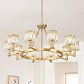 FookChak 10-Light Crystal Glass Chandelier Round 38" Gold Wagon Wheel Chandelier Modern Crystal Entry Light Fixture with Adjustable Chain for Dining Room Foyer Bedroom