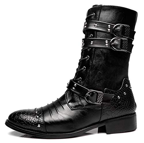 Santimon Men's Boots Retro Studded Rivet Buckle Zipper Western Motorcycle Combat Boot Heavy Metal Punk Rock Black2