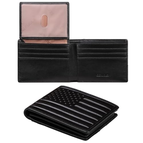 Wallet for Men-Genuine Leather RFID Blocking Bifold Stylish Wallet American Flag Wallet With 2 ID Window (Black)