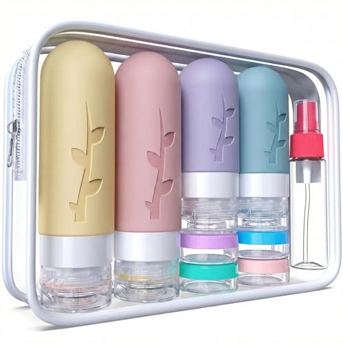 Image of DEPOZA Travel Bottles Kit (16 Pack) - TSA Approved, Leak Proof Silicone Squeezable Containers for Toiletries. Complete Set with Jars, Sprayers & Bag (Light Purple)