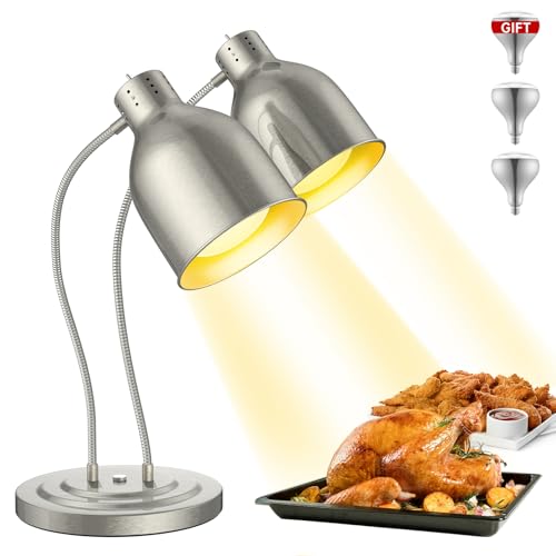 Food Heat Lamp, 500W Commercial Food Warmer Lamp, Rapid & Stable Heating 2-Head Electric Heat Lamp for Buffet, Parties, Catering, Restaurant, Kitchen, Home (Stainless Steel)