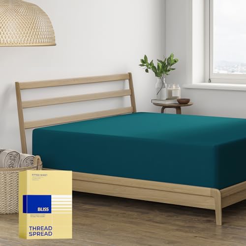 Thread Spread 100% Egyptian Cotton Full Size Fitted Sheet Only - 600 Series Bliss Collection 16" Deep Pocket Full Size Fitted Sheet (Teal), Soft Sateen No Pop-Off Elastic