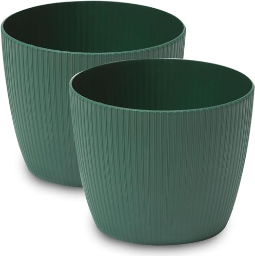 PECZEKO Macetero mate, macetero de plástico, maceta decorativa para plantas grandes, 2 maceteros de flores, macetero para hierbas, 2 unidades, verde, diámetro de 26 cm