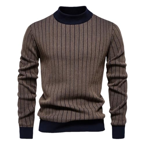 Men’S Cotton Mock Neck Pullover Sweater Knitted Warm Striped Thick Casual Style Long Sleeve Jumper Top - Main Image